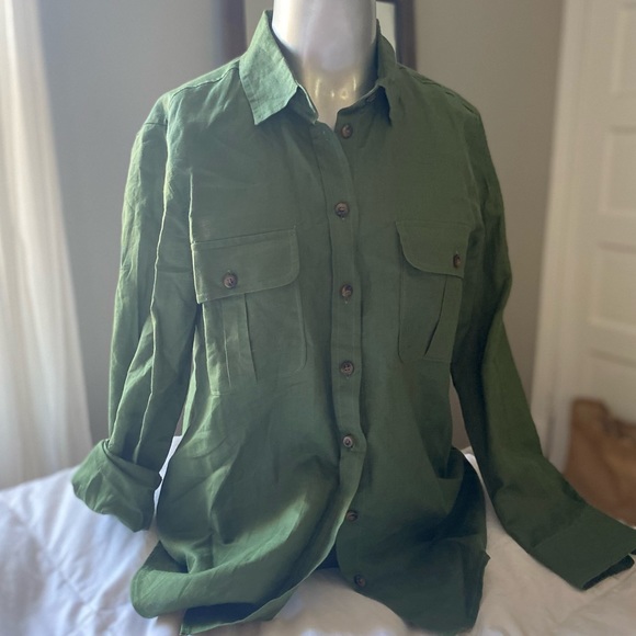 J crew new linen army green cargo button down - Picture 2 of 5